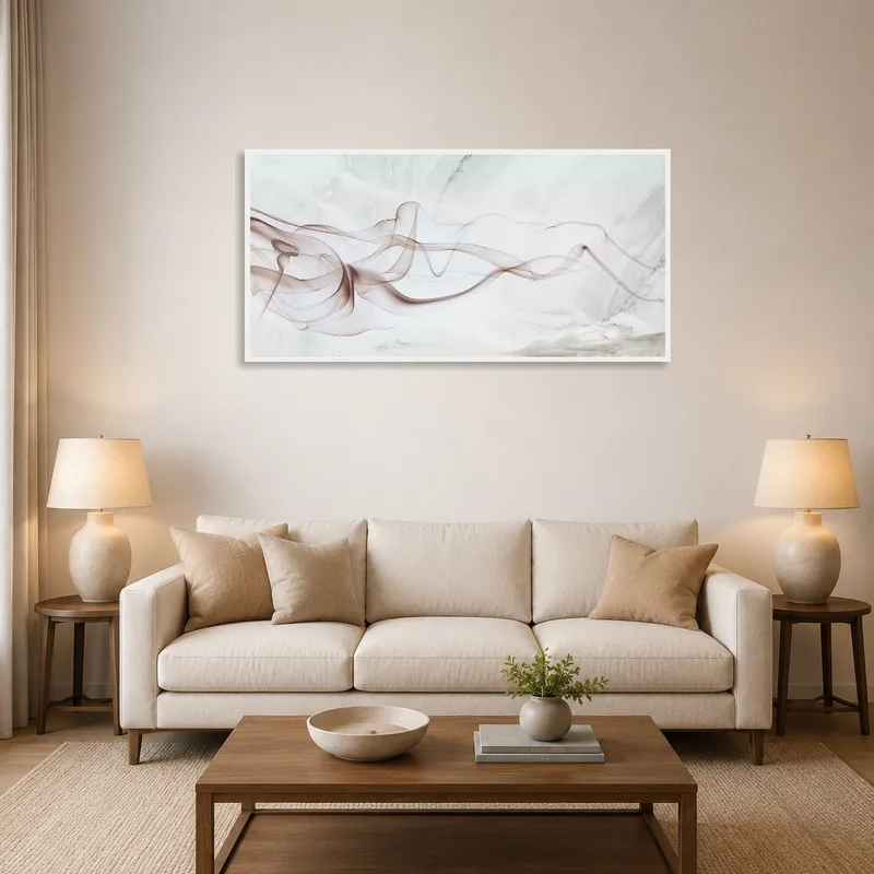 Ethereal Smoke Wave artwork adds a dynamic touch to a stylish living room setting.