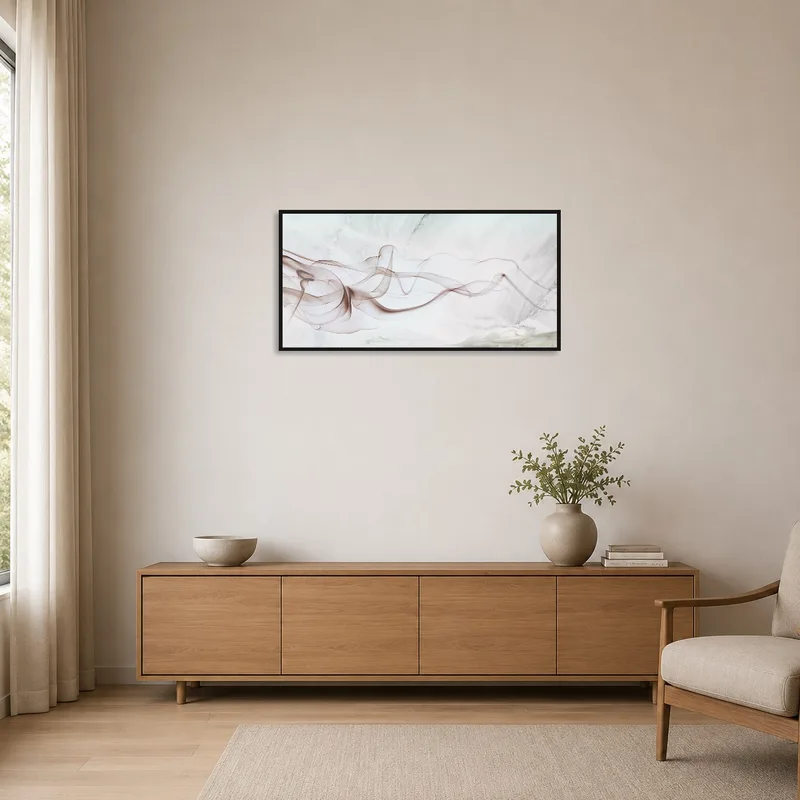 Abstract smoke wave art complements the clean lines of a minimalist space.