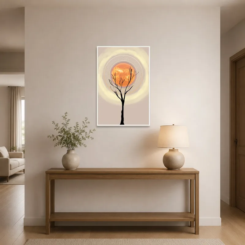 Artwork depicting a tree and solar sphere in an entrance hall.