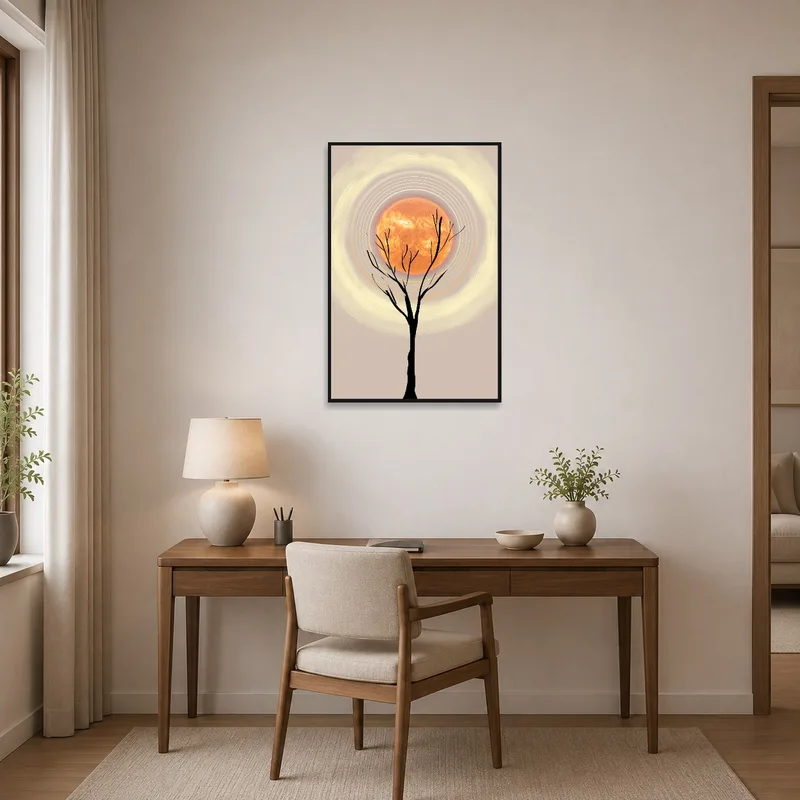 A thoughtful tree and solar sphere artwork in a modern home office.