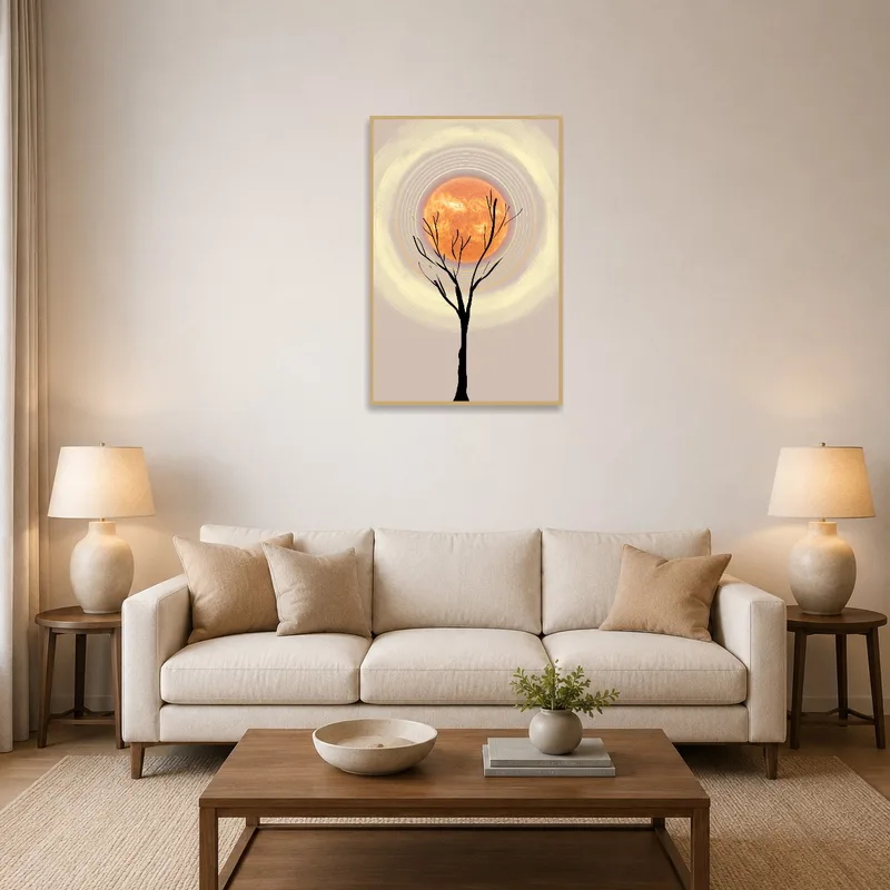 An art print of a tree with a solar sphere in a stylish living room.