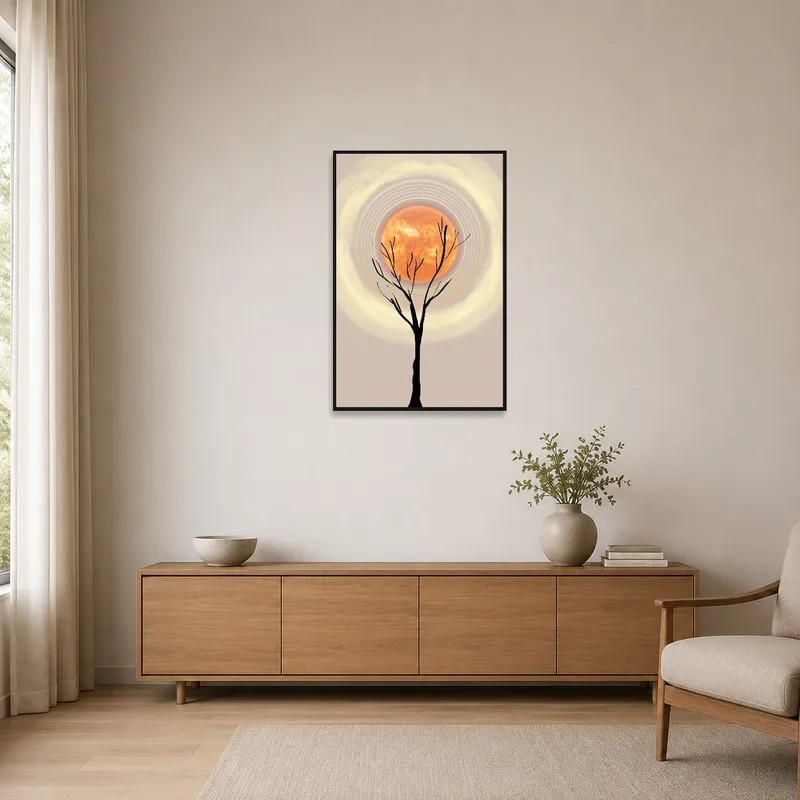 A tree and solar sphere art print in a minimalist setting.