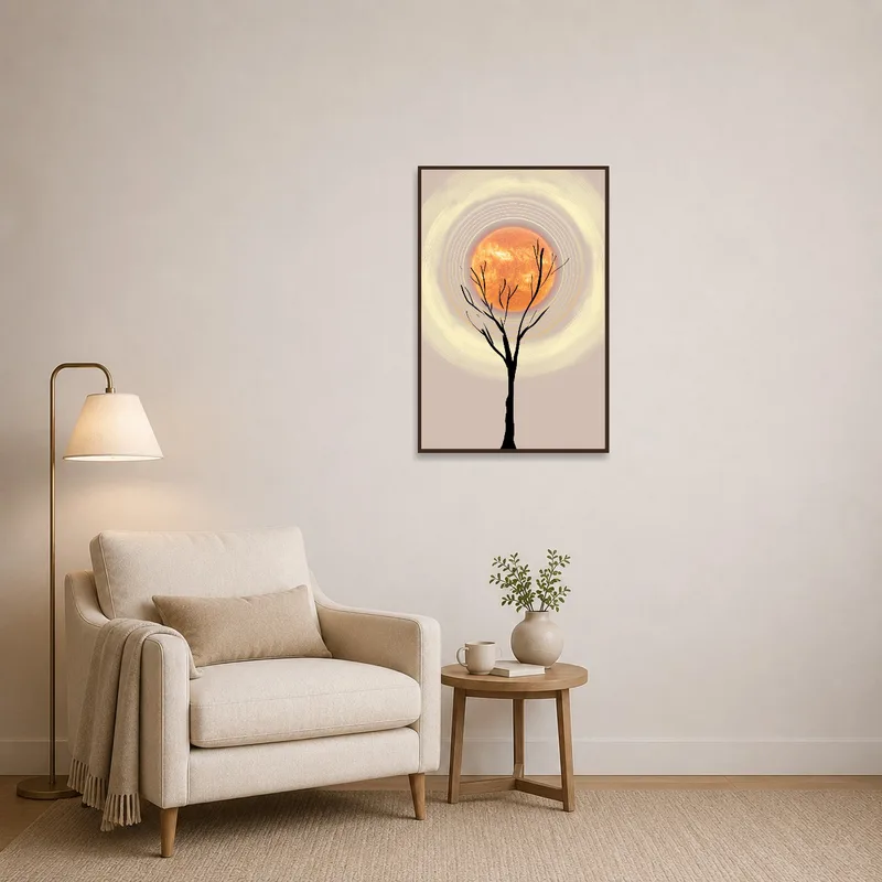 A serene tree and solar sphere piece in a cozy reading corner.