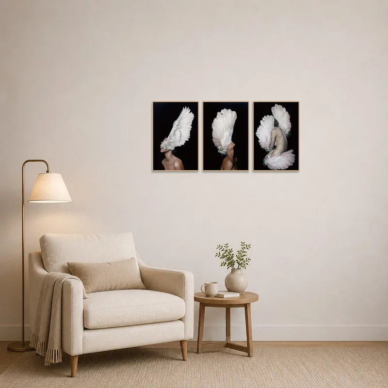 The ethereal triptych of winged elegance inspires tranquility in the cozy reading corner.