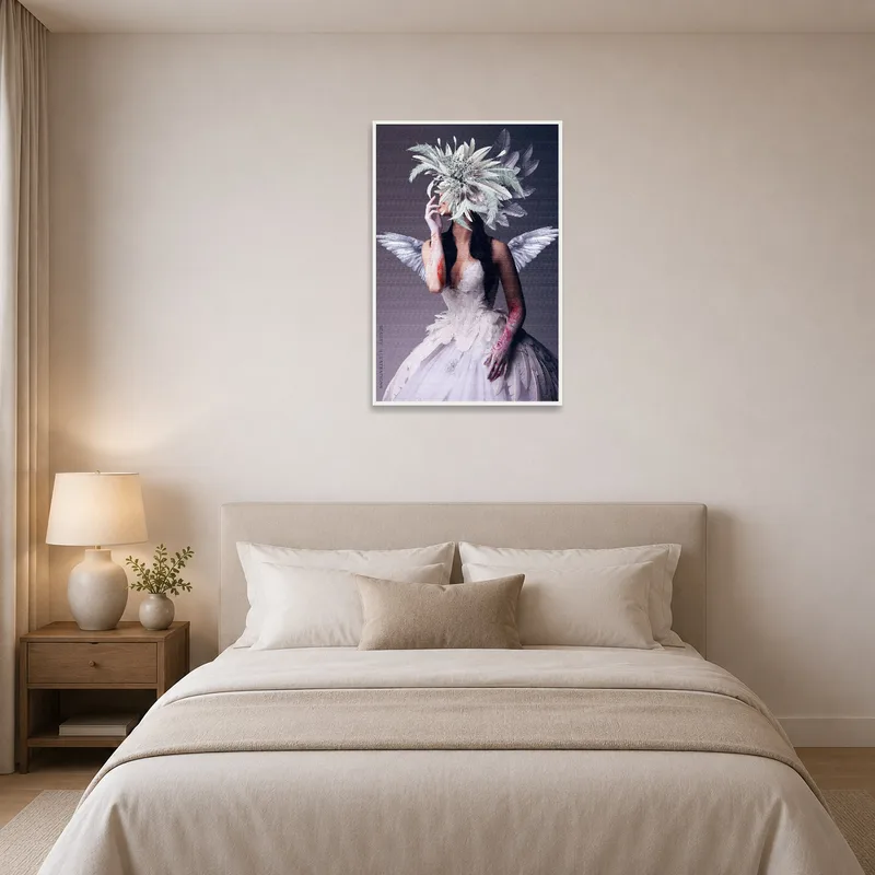 Calming art of a winged figure above the bed.
