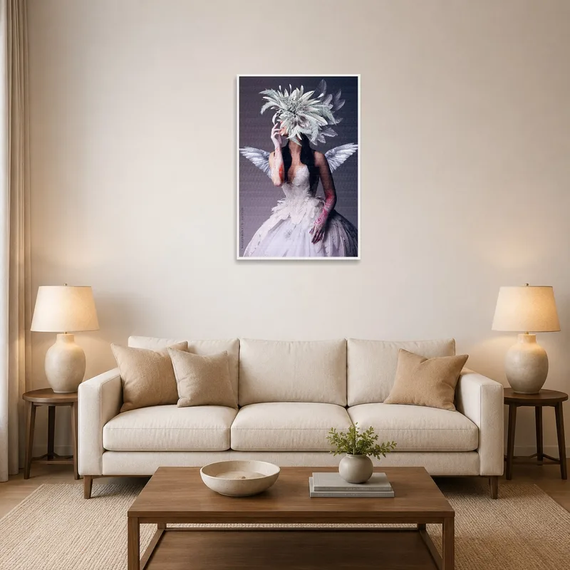 Winged figure artwork above a cozy living room sofa.