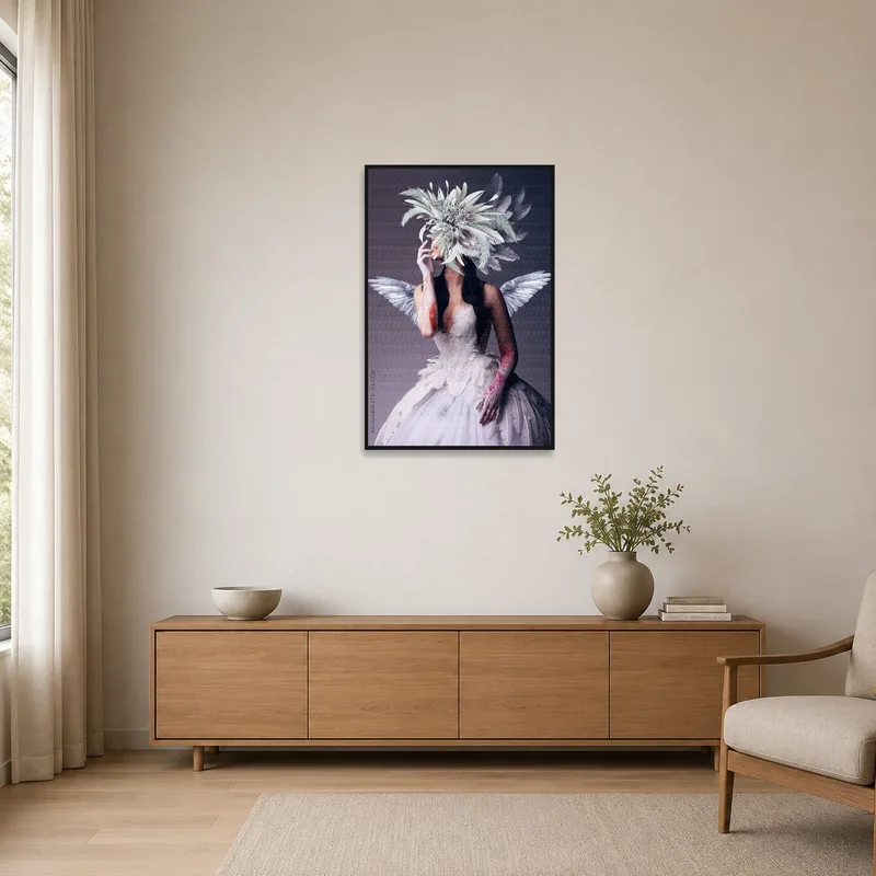 Winged figure art accentuating a minimalist space.
