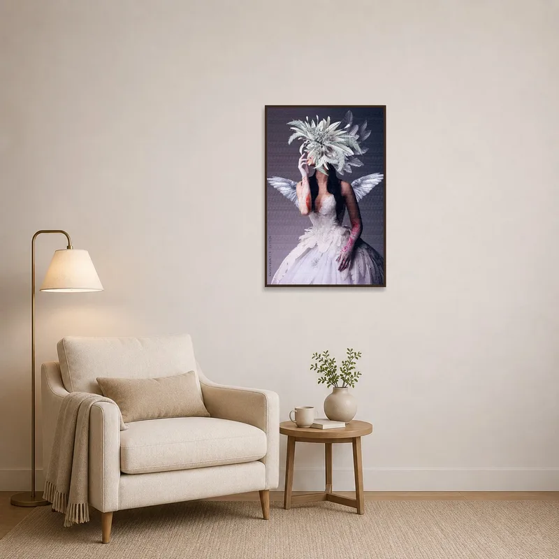 Serene winged figure painting enhances the reading nook.