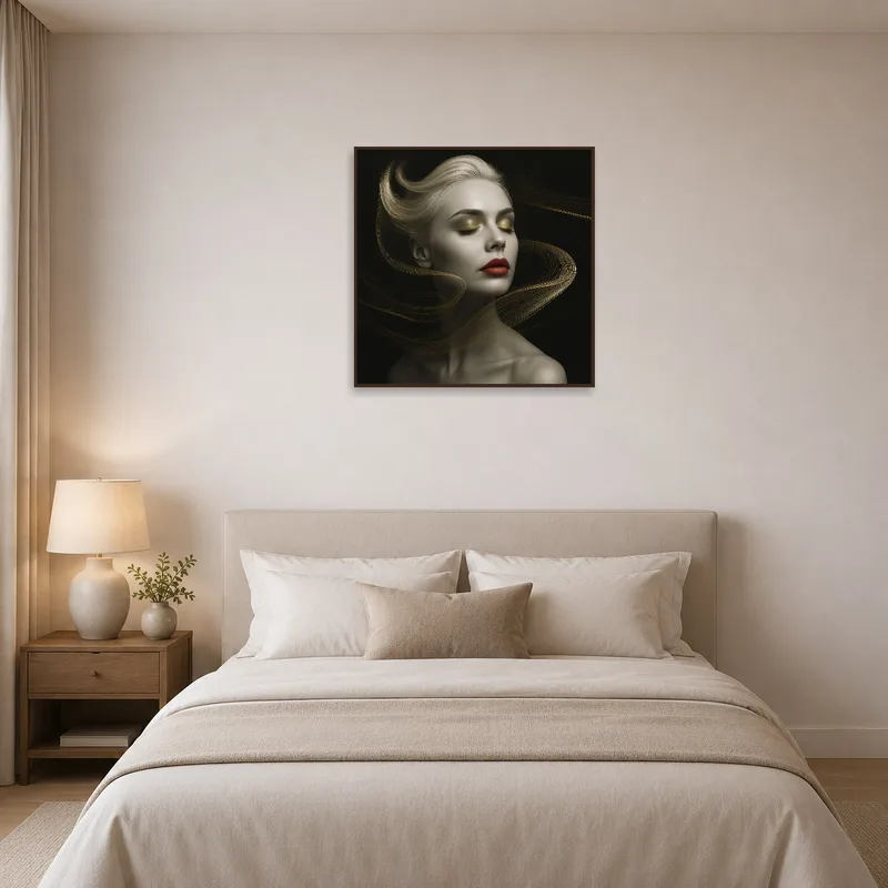 Enchanting artwork of a woman adding warmth to a bedroom.