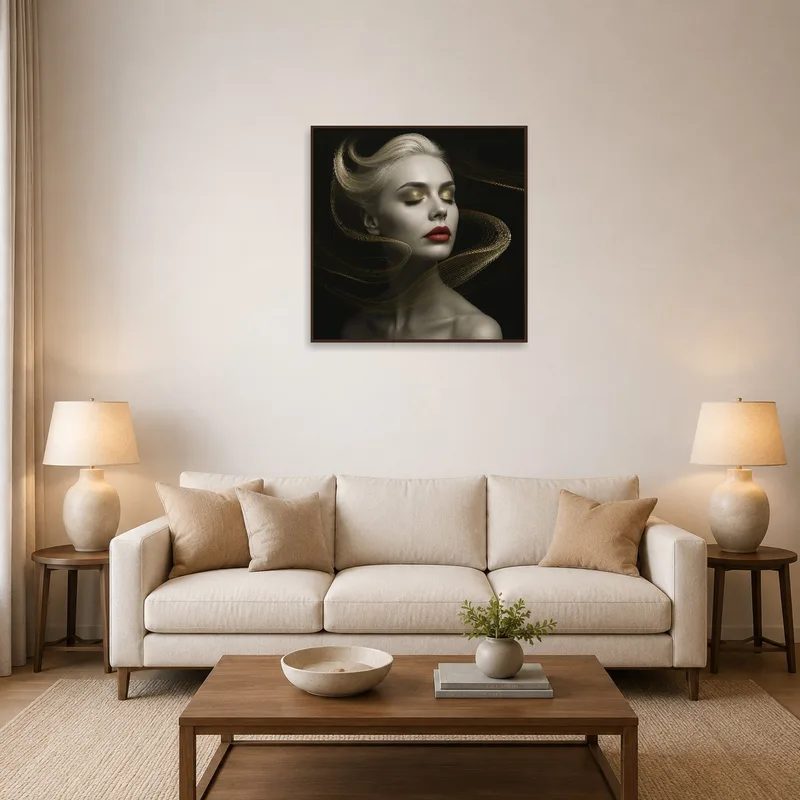 Artwork of ethereal woman with golden hair in a cozy living room.