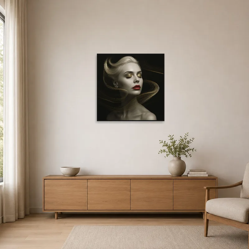 Golden-haired woman art contrasting minimalist decor.