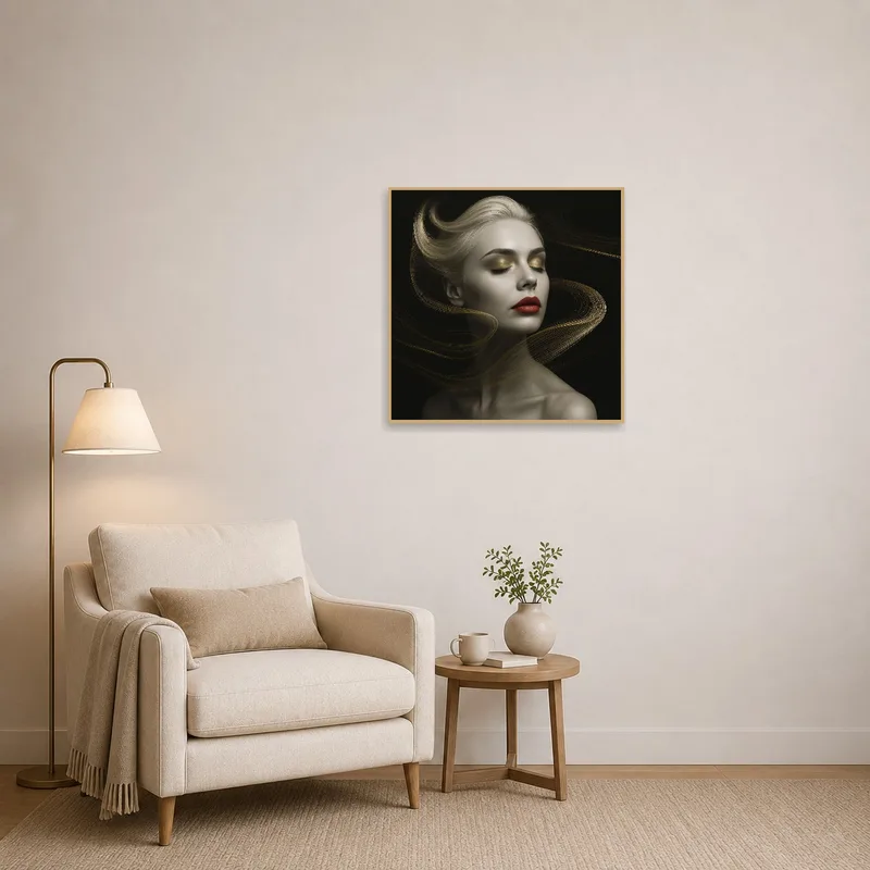 Serene art of woman with golden hair in a reading corner.