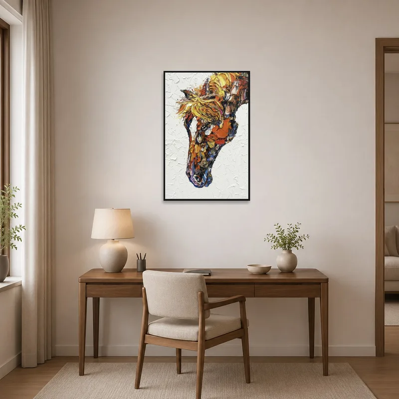 Bold horse artwork inspires creativity in the home office.