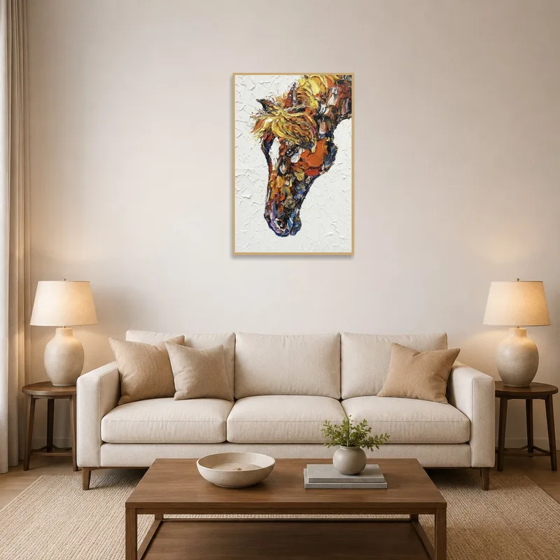 A vibrant horse portrait adds energy to the living room space.