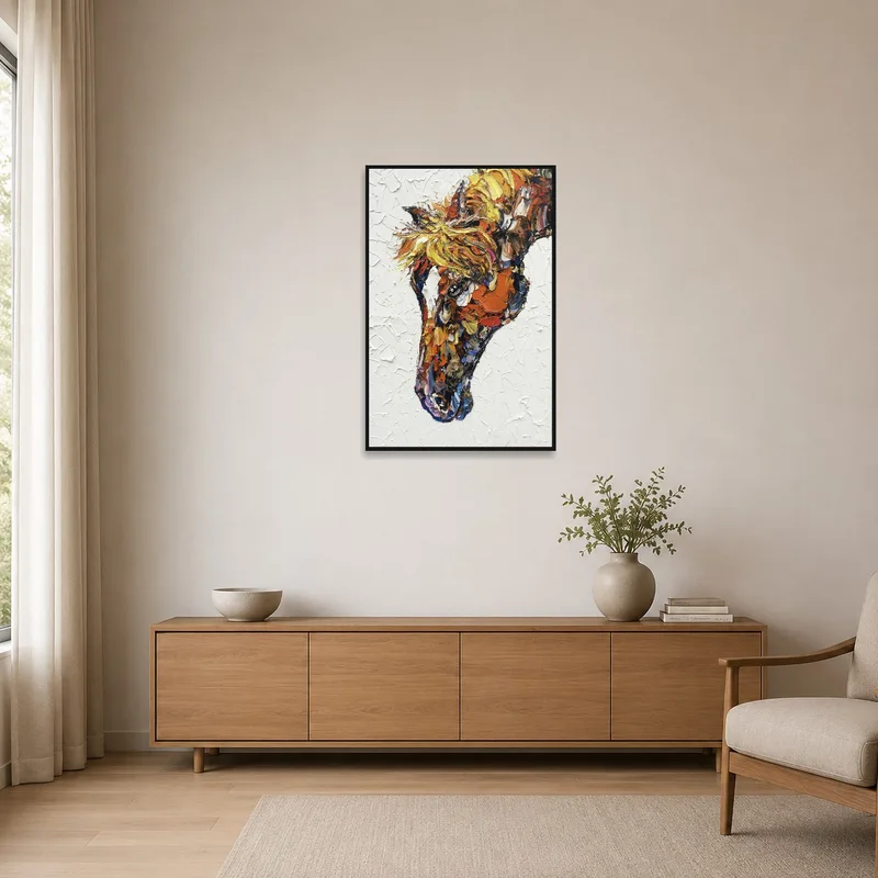 The bold horse portrait stands out in the minimalist setting.