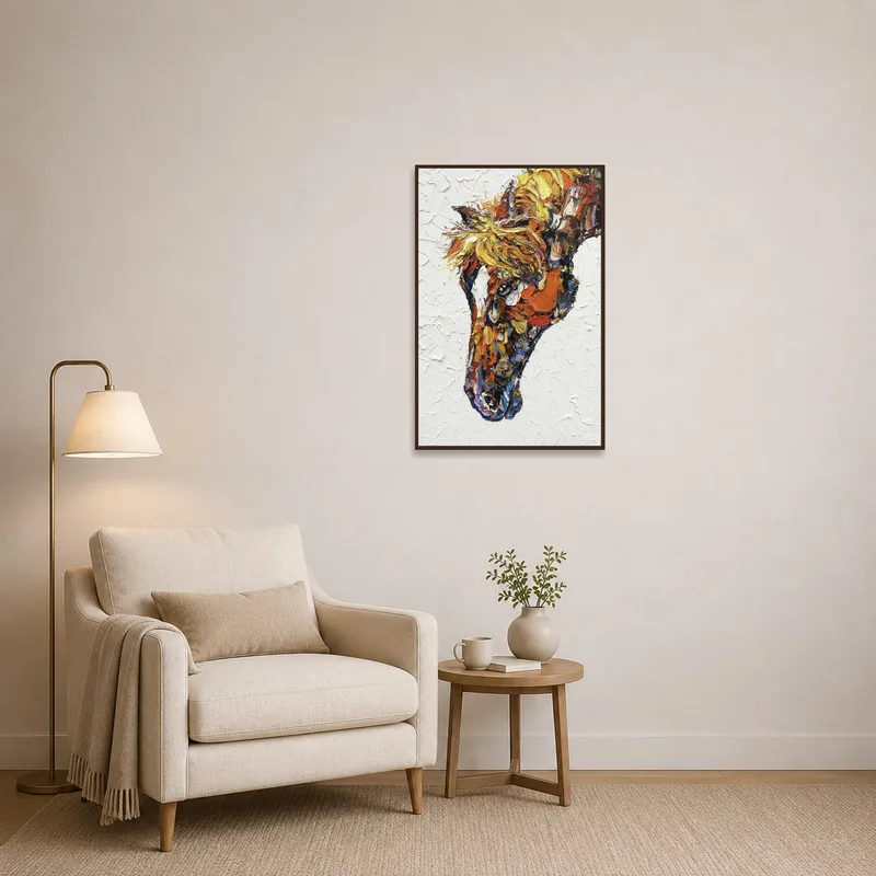 The vibrant horse art brings life to the cozy reading corner.
