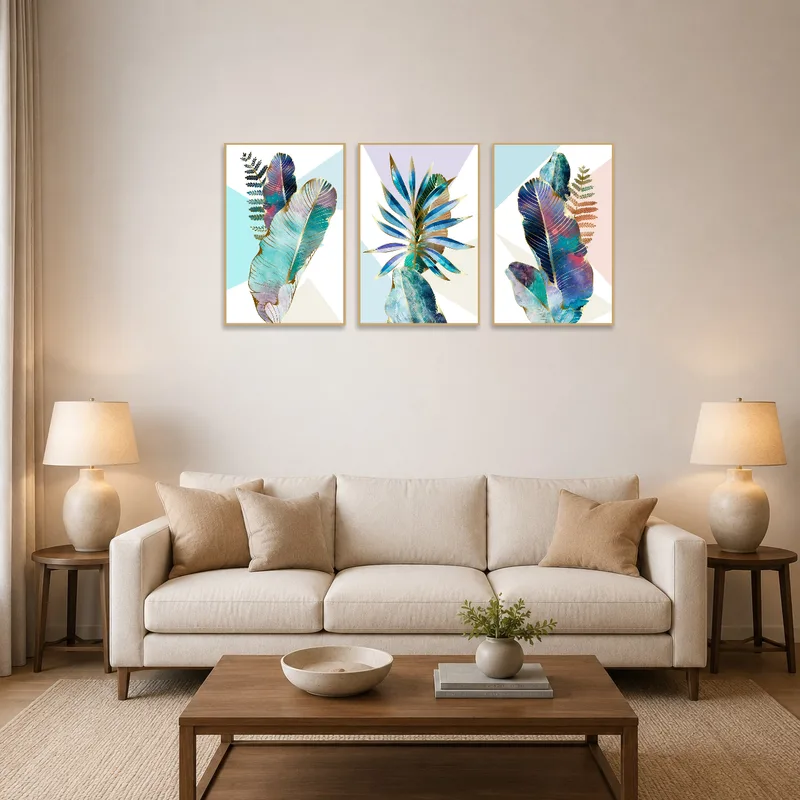 Botanical feather triptych on living room wall, adding elegance to the space.