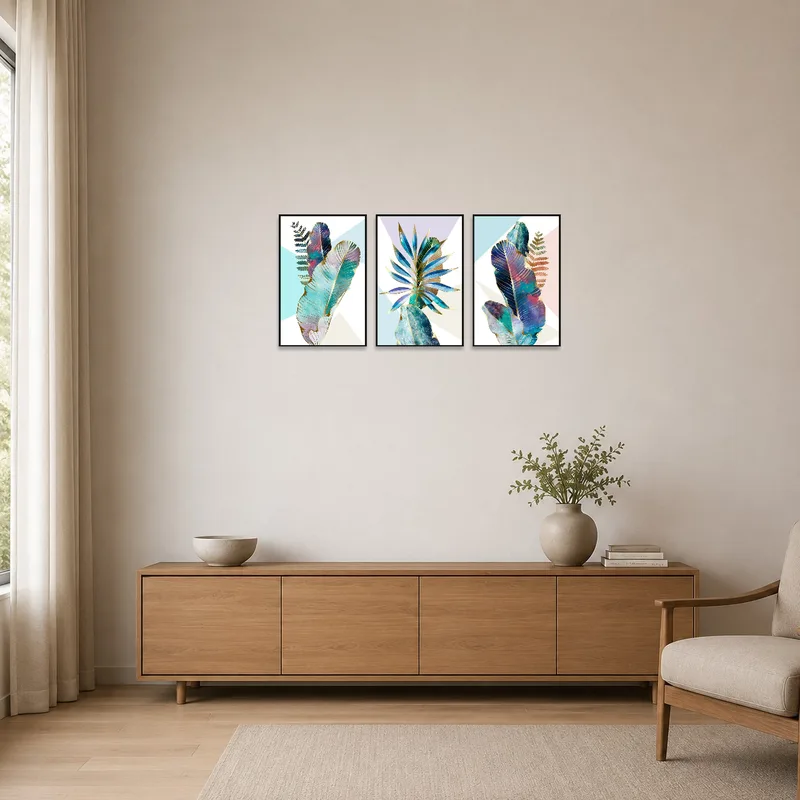 Minimalist room featuring a simple botanical feather triptych on a clean wall.