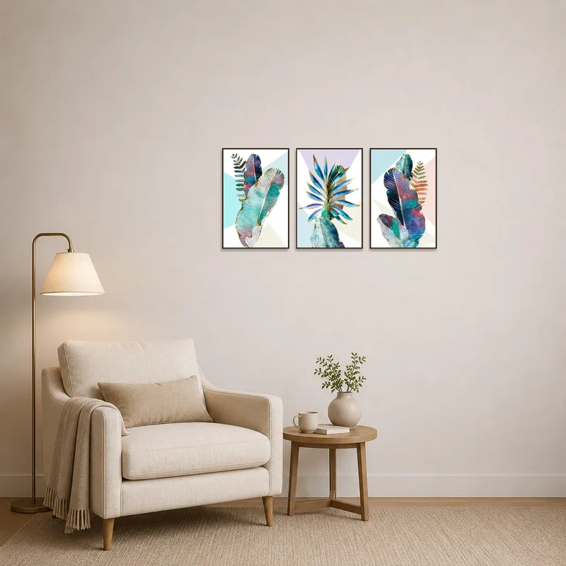 Reading corner enhanced by a botanical feather triptych, creating a calming vibe.