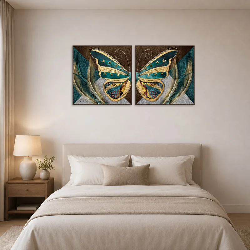 Serene bedroom featuring butterfly and feather artwork above the bed.