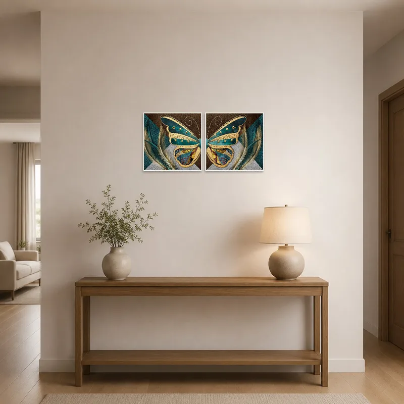 Art set of butterflies and feathers welcoming guests in the entrance hall.