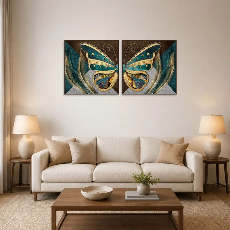 Butterfly and feather art set in a bright living room above the sofa.