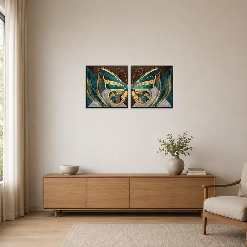 Simple room with butterfly and feather art, enhancing minimalism.