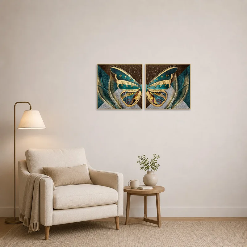 Butterfly and feather prints adding charm to a cozy reading corner.