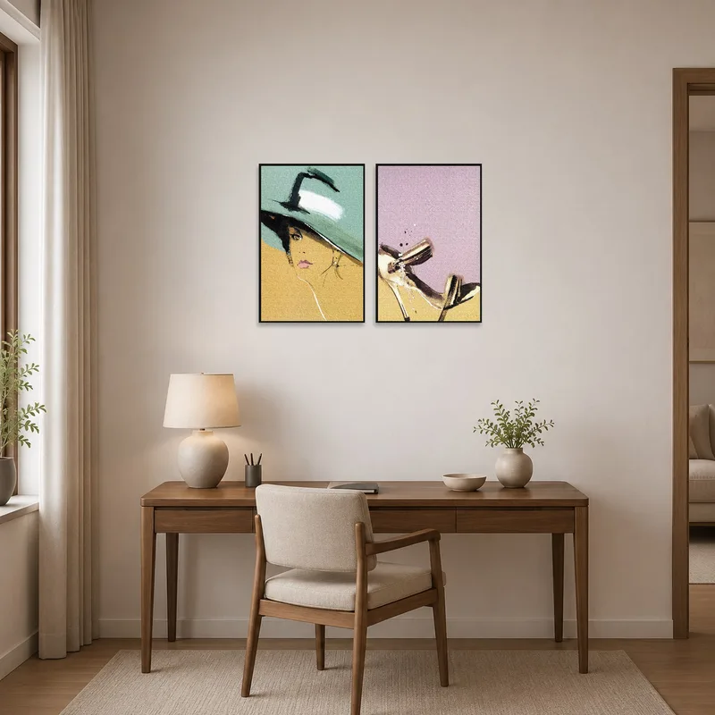 Fashion-themed illustration set adorns the home office wall.