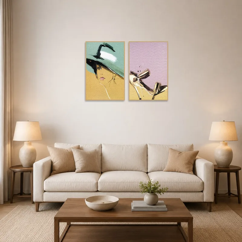 Stylish fashion illustration set displayed in a chic living room.