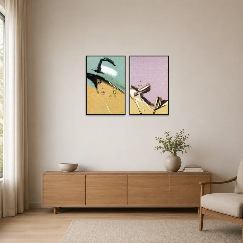 Fashion art set accentuates the minimalist room's design.