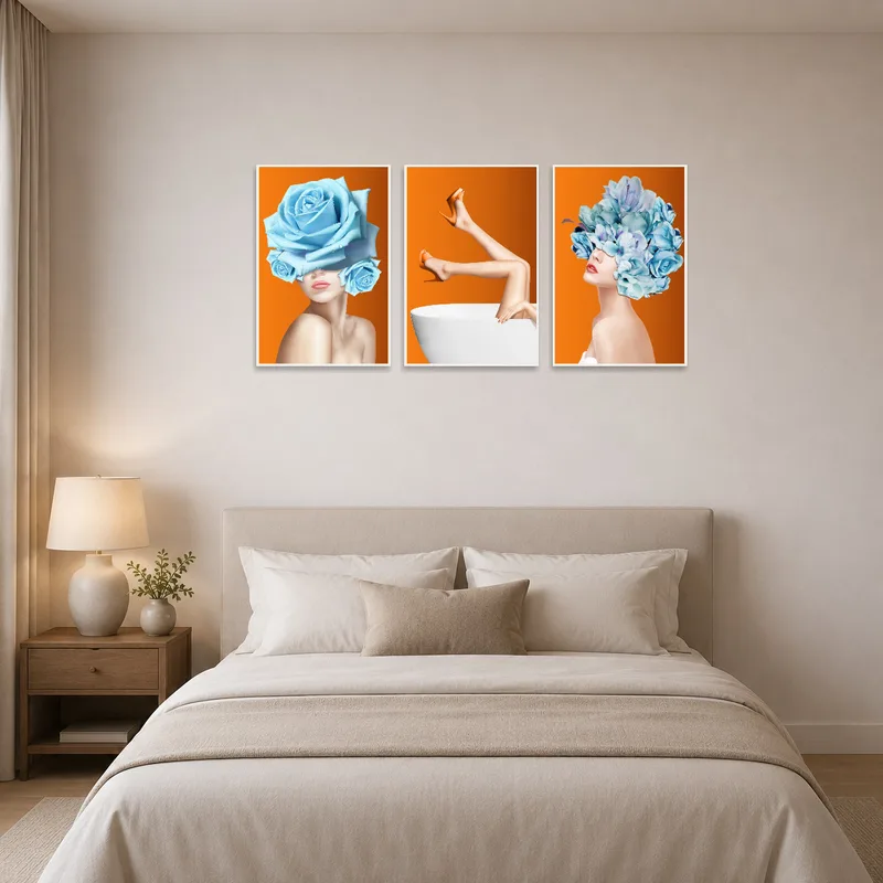 Floral fusion art set enhances bedroom ambiance with soothing pastel shades.
