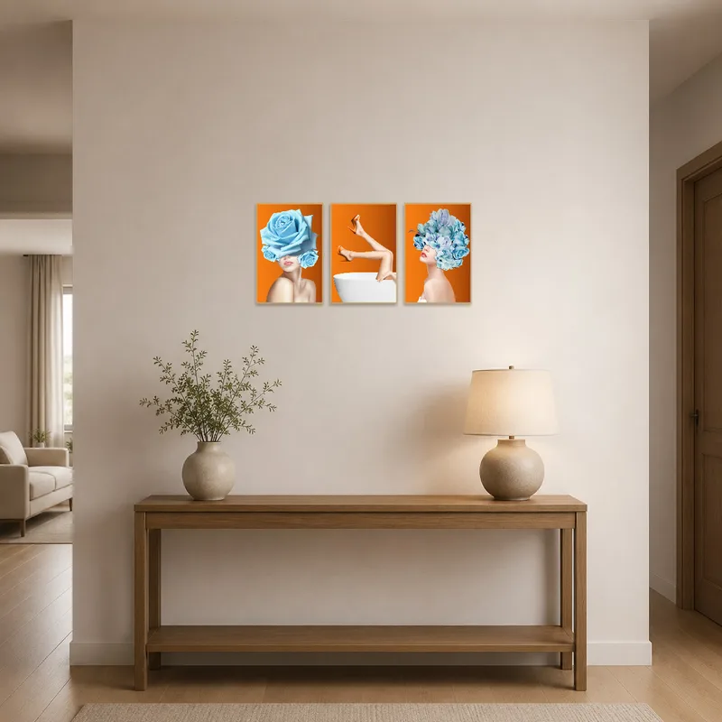 Feminine floral triptych greets visitors with a warm botanical touch in the entrance hall.