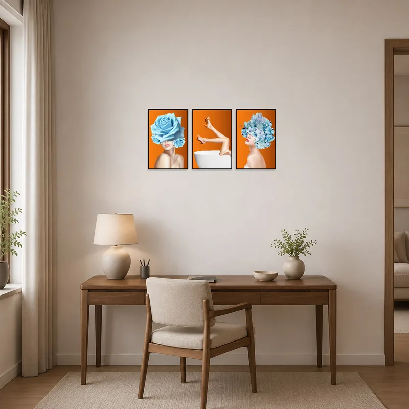 Triptych art set adds a burst of floral creativity to a modern home office.