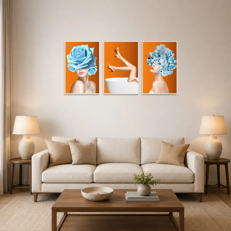Feminine floral fusion triptych art set brightens a cozy living room with vibrant hues.