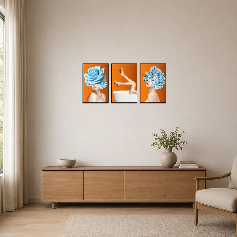 Floral triptych art set adds subtle elegance to a minimalist space with soft pinks and greens.