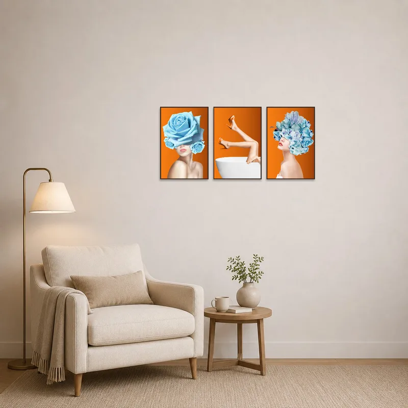 Triptych art brings lively floral inspiration to a tranquil reading corner.