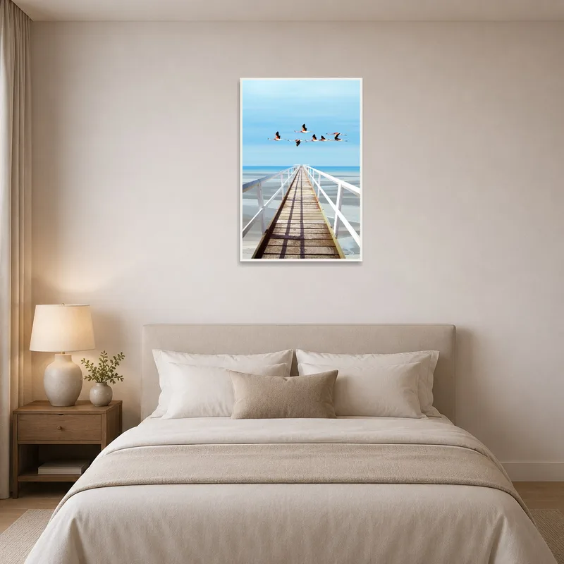 Bedroom adorned with Flamingos over Ocean Pier above the bedside.