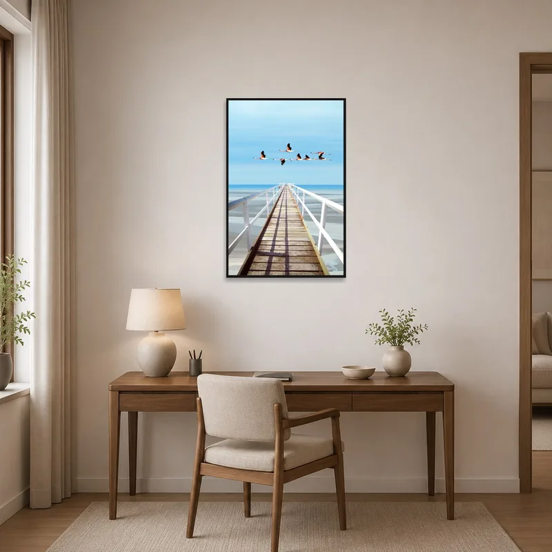 Home office with Flamingos over Ocean Pier displayed above the desk.