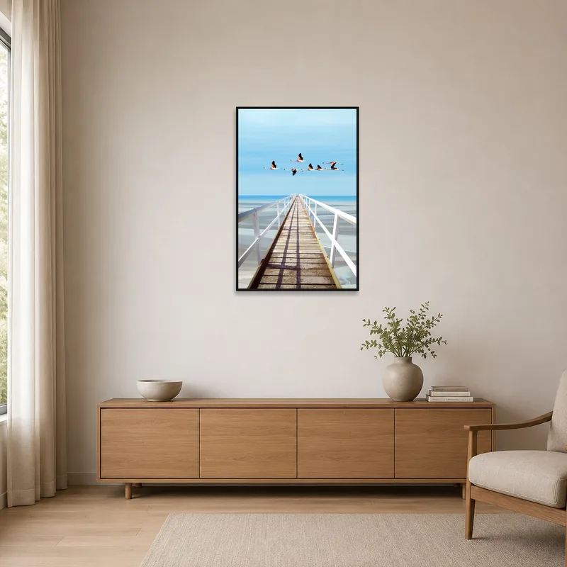 Minimalist space showcasing Flamingos over Ocean Pier on a plain white wall.