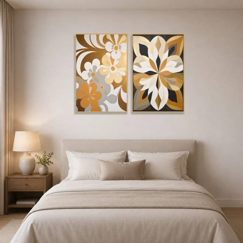Bedroom wall adorned with a floral and geometric abstract print set above the headboard.