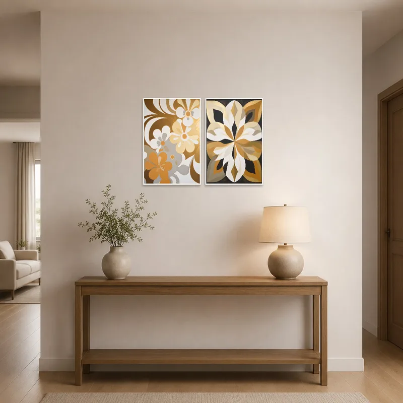 Entrance hall displaying an abstract print set with floral and geometric patterns.