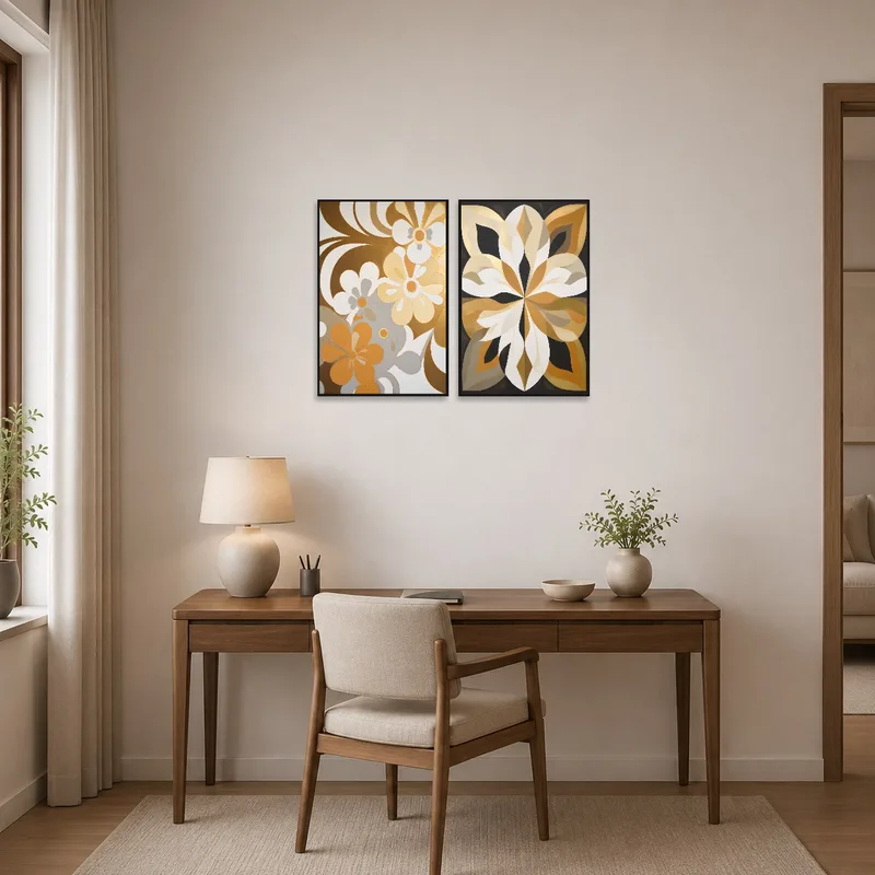 Home office enhanced by an abstract print set with geometric and floral designs on the wall.