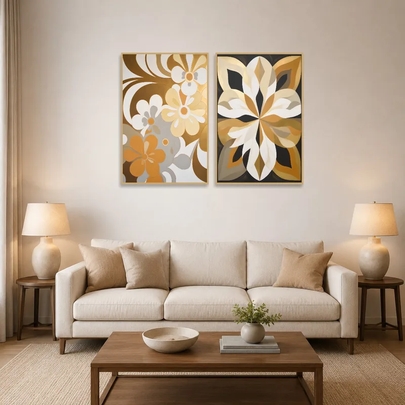 Abstract floral and geometric print set above a modern sofa in a stylish living room.