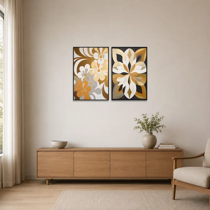 Minimalist room featuring a floral and geometric abstract print set on a white wall.