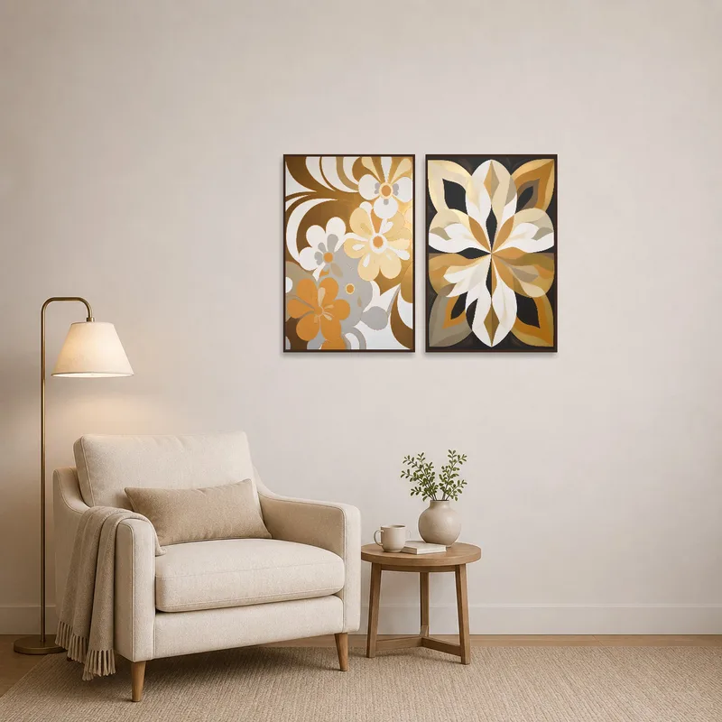 Reading corner with a cozy chair and a floral and geometric abstract print set on the wall.