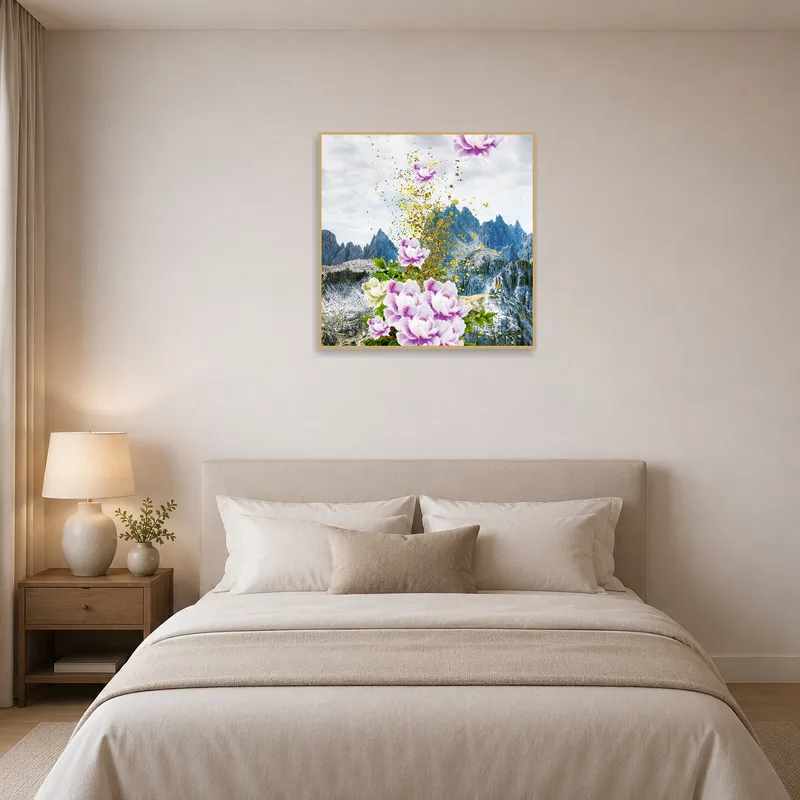 Bedroom displaying Floral Avalanche art against a tranquil mountain scene.
