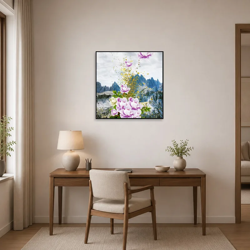 Home office with Floral Avalanche and mountain backdrop inspiring creativity.
