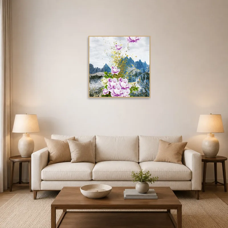 Floral Avalanche with Mountain Backdrop art in a stylish living room setting.
