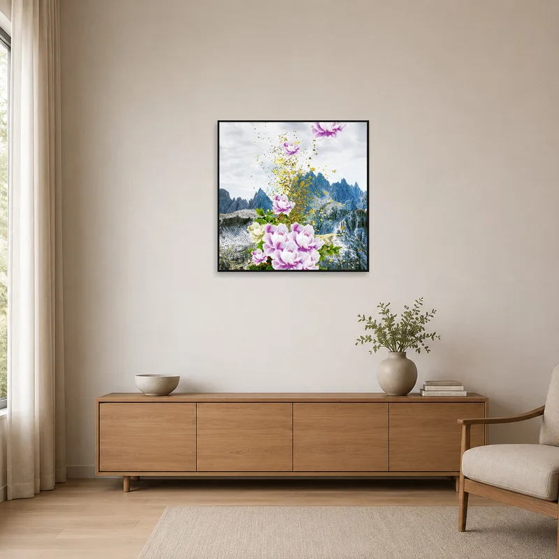 Minimalist room with Floral Avalanche and mountain backdrop art on a plain wall.